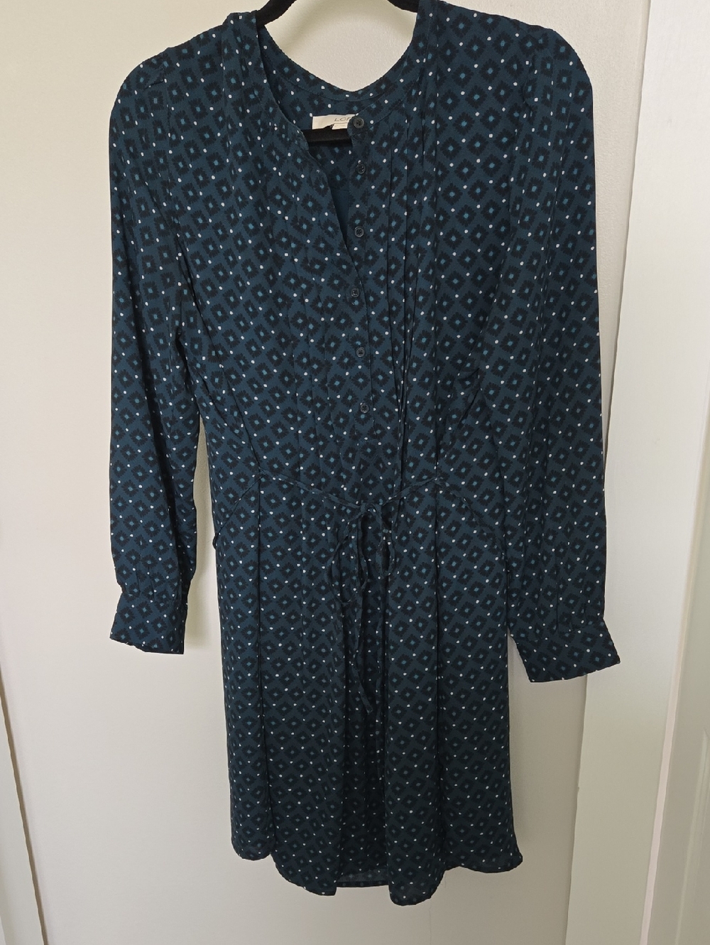 LOFT Teal Patterned Long Sleeve Drawstring Dress